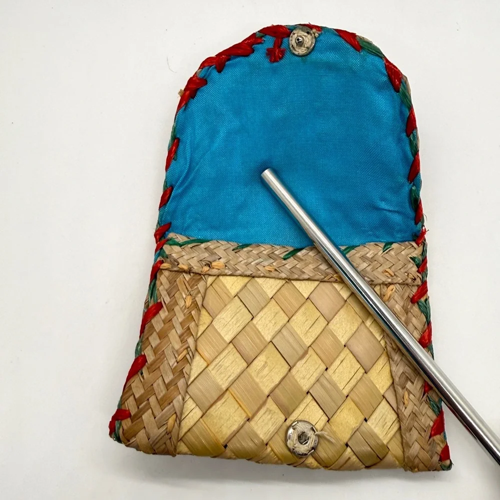VTG Handwoven‎ Straw Raffia Shell Coin Purse Women Small Tan Multicolor Retro